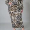 Autumn New Stylish Plus Size XL-5XL Leopard Batch Printing Long Sleeve Stretch Midi Dress Wholesale Midi Dresses