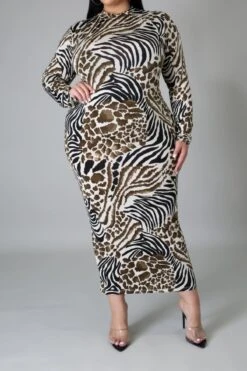 Autumn New Stylish Plus Size XL-5XL Leopard Batch Printing Long Sleeve Stretch Midi Dress Wholesale Midi Dresses