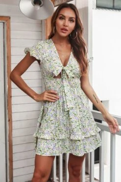 Summer New Floral Printing Inelastic V-neck Bowknot Frill Trim Sexy Sweet Mini Dress 3# Wholesale