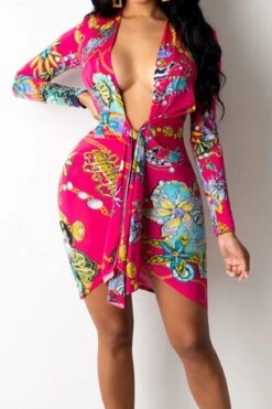 Digital Batch Printing Plus Size Autumn Deep V-neck Stretch Tight Slim Mini Dress Wholesale