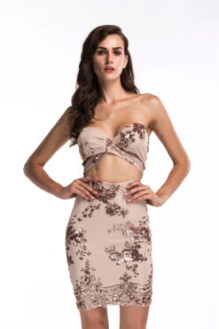 Summer Strapless New Stylish Sequined Embroidered Hollow Out Zip-up Mini Evening Dress Wholesale