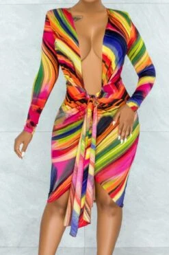 Autumn New Plus Size Batch Printing Stretch Deep V Lace-up Irregular Midi Dress Wholesale