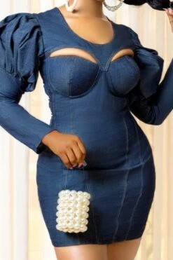 Autumn New Elastic Denim Fabric Backless Zip-up Back Hollow Puff-sleeve Sexy Bodycon Mini Dress Wholesale Mini Dresses