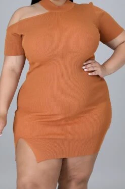 XL-5XL New Ribbed Knitted Stretch Hollow Low-slit Stylish Mini Dress Wholesale Mini Dresses