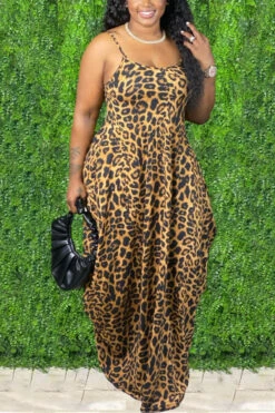 L-5XL Summer Leopard Printing Stretch Adjustable Straps Loose Sexy Maxi Dress With Belt Wholesale Sexy Dresses