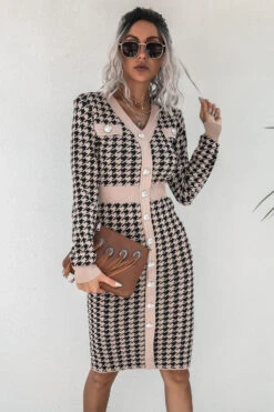 Autumn New Three Colors Houndstooth Knitted V-neck Button Decor Stylish Midi Dress Wholesale Bodycon Dresses