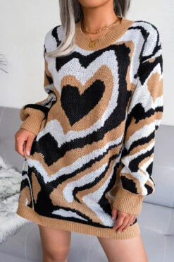 Heart Contrast Color New Stylish 3 Colors Round Neck Autumn Loose Knitting Casual Mini Dress (without Belt) Wholesale Mini Dresses
