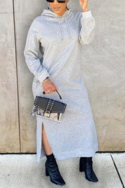 Autumn New Solid Color Plus Size Hooded Elastic Pocket Casual Maxi Dress Wholesale