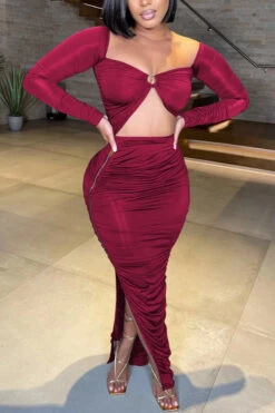 Autumn New Stylish Slit Solid Color Stretch Hollow Pleated Plus Size Zip-up Sexy Maxi Dress Wholesale Sexy Dresses