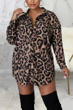 Early Autumn New Stylish Plus Size Inelastic Single-breasted Leopard Batch Printing Casual Mini Dress Wholesale