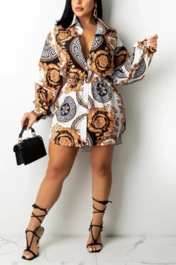 Autumn New Stylish Batch Printing Single Breasted Plus Size Inelastic Casual Mini Dress(without Belt) Wholesale