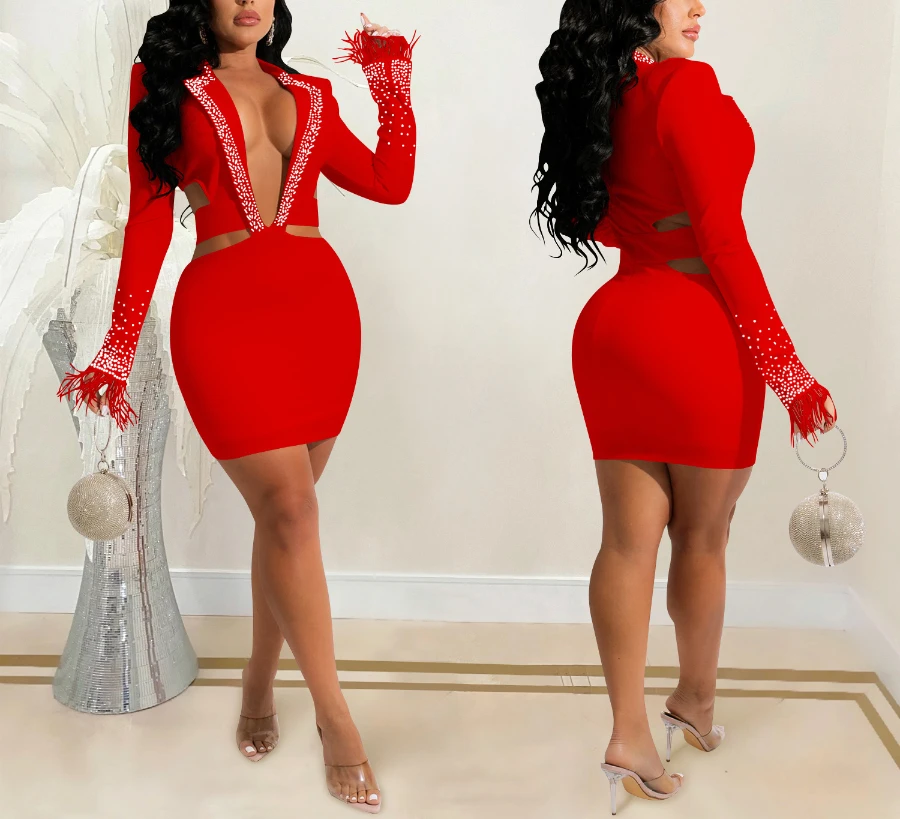 Autumn New Stylish Hollow Shoulder Pad Stretch Plus Size Deep V Zip-up Rhinestone Sexy Mini Dress Wholesale Plus-Size Dresses - Image 5