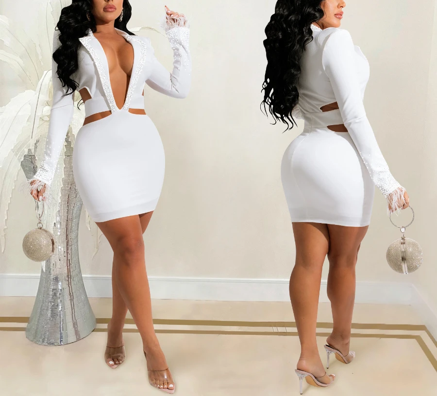 Autumn New Stylish Hollow Shoulder Pad Stretch Plus Size Deep V Zip-up Rhinestone Sexy Mini Dress Wholesale Plus-Size Dresses - Image 11