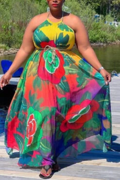 New Stylish Digital Printing 3 Colors Plus Size L-4XL Halter Neck Backless Inelastic Loose Maxi Dress (without Belt) Wholesale Sexy Dresses