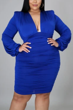 Autumn Solid Color New Stylish Plus Size L-4XL Stretch Pleated Zip-up Slim Midi Dress Wholesale