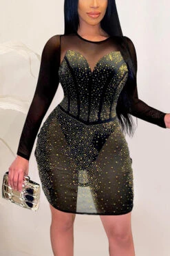 Early Autumn New Stylish Plus Size Stretch Patchwork Mesh See-through Rhinestone Sexy Mini Dress(with Lining) Wholesale