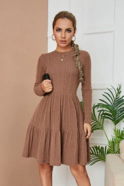 Autumn New Solid Color Micro-elastic Flannel Fabric Pleated Casual Dress Wholesale Mini Dresses