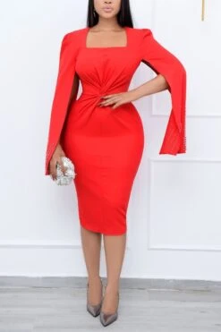 Spring New Stylish Solid Color Stretch Slit Plus Size Pearl Pleated Casual Midi Dress Wholesale Midi Dresses
