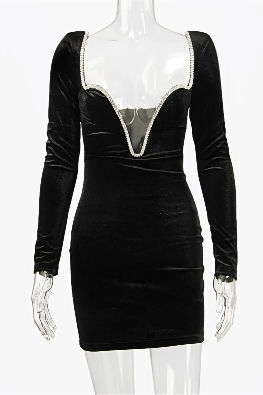 Winter New Stylish Rhinestone Deep V Velvet Slim Backless Zip-up Micro elastic Sexy Mini Dress Wholesale - Image 10