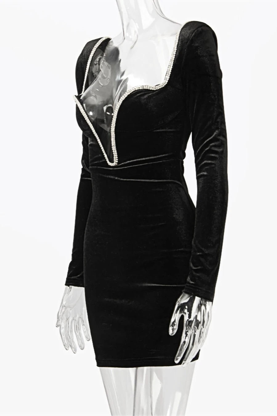 Winter New Stylish Rhinestone Deep V Velvet Slim Backless Zip-up Micro elastic Sexy Mini Dress Wholesale - Image 12