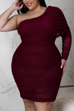 XL-5XL Plus Size Spring New Stylish Solid Color Stretch Pleated One-shoulder Mesh Patchwork See-through Sexy Midi Dress Wholesale