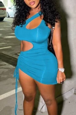 Spring New Stylish Solid Color Stretch One-shoulder Hollow Shirring Slim Sexy Mini Dress Wholesale Sexy Dresses
