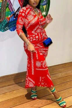 Spring New Stylish Batch Printing Stretch Single Breasted Casual Maxi Dress Wholesale