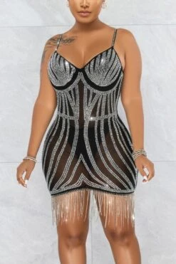 Summer New Stylish Rhinestone Tassel Sling Mesh See-through Stretch Slim Plus Size Sexy Mini Dress Wholesale