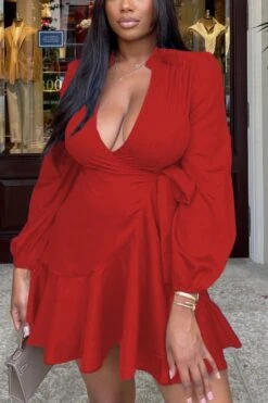 Spring New Plus Size Solid Color Inelastic Deep V Tie-waist Ruffle Stylish Mini Dress Wholesale