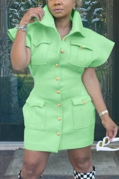 Spring New Plus Size Solid Color Micro-elastic Turndown Collar Single-breasted Pockets Stylish Mini Dress Wholesale