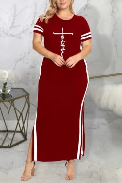 L-5XL Plus Size Summer New Stylish Simple Letter Printing Loose 6 Colors Contrast Color Slit Casual Maxi Dress Wholesale Maxi&Gown