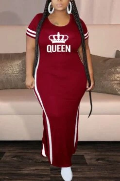 L-5XL Plus Size Summer New Stylish Simple 5 Colors Letter Printing Contrast Color Loose Slit Casual Maxi Dress Wholesale Maxi&Gown