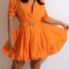 Summer New Stylish Simple Solid Color Orange Micro-elastic Single-breasted With Belt Plus Size Casual Mini Dress Wholesale