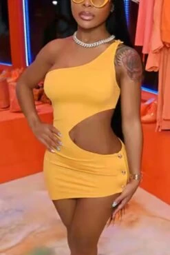 Summer New Plus Size Solid Color Stretch One Shoulder Hollow Single-breasted Irregular Slim Sexy Mini Dress Wholesale