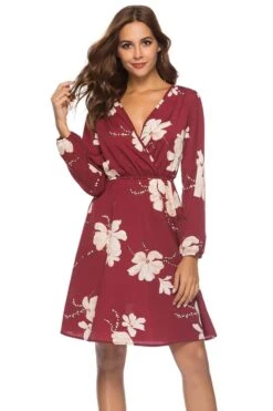 Summer New Plus Size Flower Batch Printing Inelastic V-neck Shirring Long Sleeves Waist Stylish Casual Mini Dress Wholesale Floral Dresses