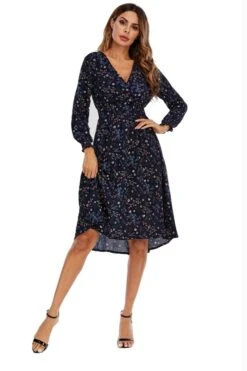Summer New Plus Size Inelastic Floral Batch Printing V-neck Long Sleeves Stylish Casual Midi Dress Wholesale Floral Dresses