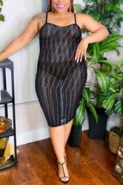 L-4XL Plus Size Summer New Stylish Mesh See-through Stretch Contrast Color Sling Sexy Midi Dress Wholesale