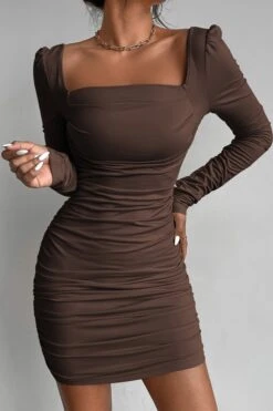 Spring New Stylish Stretch Solid Color Shirring Square Neckline Backless Bodycon Sexy Mini Dress Wholesale