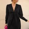 Spring New Stylish Solid Color Inelastic V-neck Puffed Sleeves Button Shirring Casual Mini Dress Wholesale