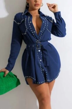 S-2XL Spring Plus Size Inelastic Turndown Collar Single-breasted Rivet Rhinestone Decor Pockets Stylish Casual Denim Mini Dress With Belt Wholesale Casual Dresses