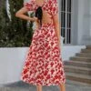 S-2XL Plus Size Summer New Stylish Inelastic Floral Batch Printing Hollow Lace-up Backless Sexy Midi Dress Wholesale
