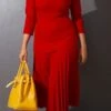 S-3XL Spring Plus Size 4 Colors Solid Color Micro-elastic Square-neck Backless Three Quarter Sleeves Zip-up Pleated Stylish Midi Dress Wholesale