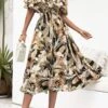 XS-L Summer New Stylish Flower & Leaf Batch Printing Inelastic Off-the-shoulder Ruffle Casual Midi Dress Wholesale