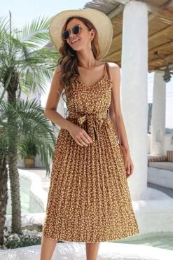 Summer New Stylish 3 Colors Inelastic Floral Batch Printing Sling Casual Midi Dress With Belt Wholesale Floral Dresses