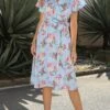 S-2XL Summer New Plus Size 4 Colors Flower Batch Printing Inelastic Chiffon V-neck Stylish Vacation Style Midi Dress With Belt Wholesale Floral Dresses