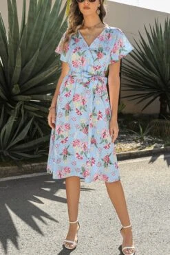 S-2XL Summer New Plus Size 4 Colors Flower Batch Printing Inelastic Chiffon V-neck Stylish Vacation Style Midi Dress With Belt Wholesale Floral Dresses