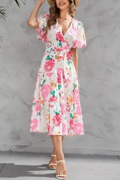 S-2XL Plus Size Summer New Inelastic Flower Batch Printing V-neck Short Sleeves With Belt Casual Midi Dress Wholesale Floral Dresses