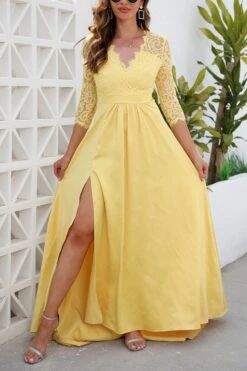 S-3XL Summer New Plus Size Three Colors See Through Lace Patchwork Inelastic Three-quarter Sleeves High Slit Zip-up Floor Length Elegant High Quality Maxi Dress Wholesale Maxi&Gown