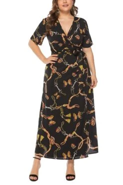 XL-4XL Summer New Plus Size Butterfly & Chain Batch Printing Inelastic V-neck Tie-waist Casual Bohemia Style Maxi Dress Wholesale Maxi&Gown