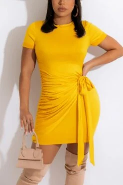 S-2XL Plus Size Summer New 6 Colors Solid Color Stretch Shirring Lace-up Short Sleeves Casual Mini Dress Wholesale